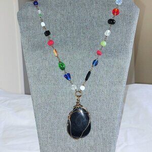 30" necklace of glass beads with wire wrapped 2"glass cabochon pendant